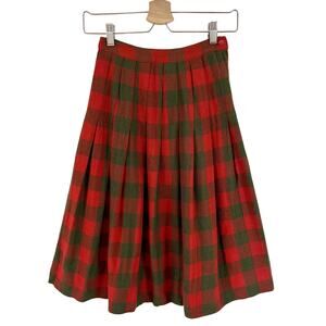 Vintage 50s / 60s Red Green Plaid Wool Midi Skirt Pleated // Size‎ XS